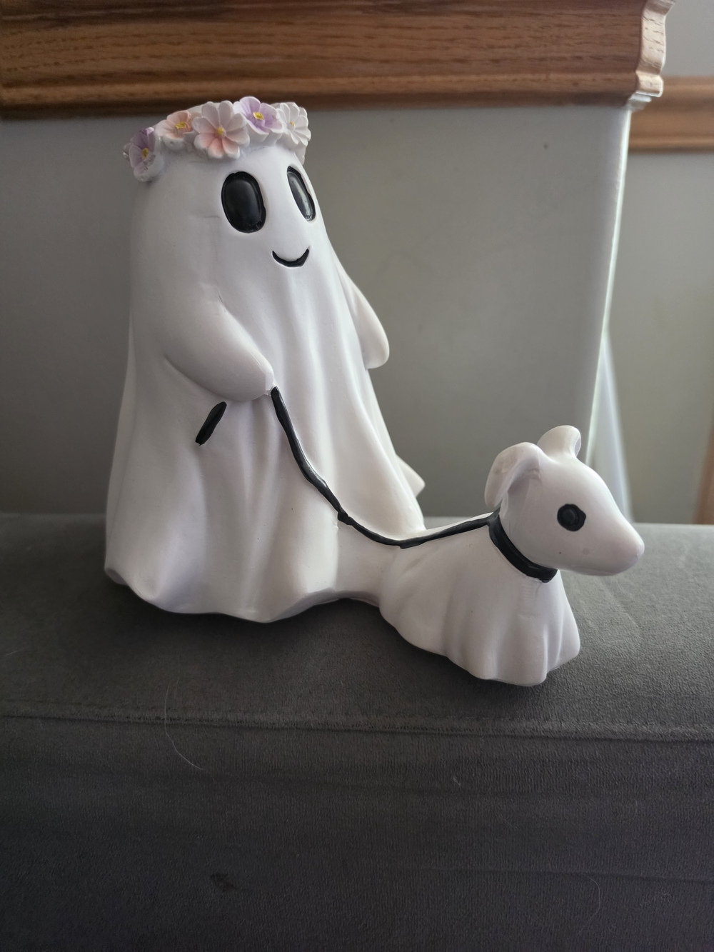White Ceramic Ghost Figurine with Flower Crown and Pet Accent - Home Accents